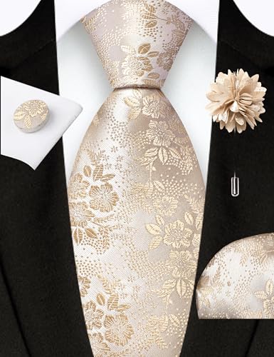 Image of GUSLESON 3.15 inch(8cm) Mens Floral Tie and Lapel Pin Necktie Hankerchief Cufflinks Set for Men
