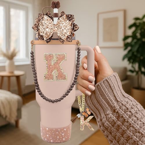 Hpebl 9PCS Brown for Stanley Cup Accessories Set Bling Initials Bow Charms for Stanley Decorations 30/40 Oz Tumbler Accessories Including Bow Straw Topper, Handle Strap, Spill Stopper（Letter K） - image 2