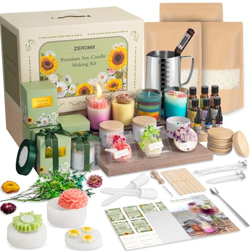 ZEROMX Candle Making Kit for Adults and Beginners Complete DIY Kit with 1200g Soy Wax Jars Dyes Flower Shapes Gift Wrapping Christmas Gift Idea for Holiday Perfect
