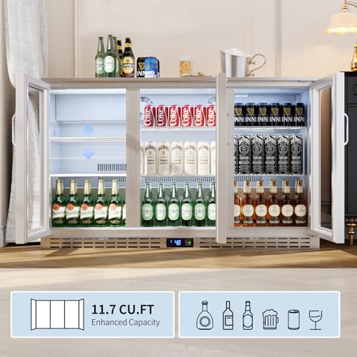 Image of 53 inch 11.7 cu.ft Back Bar Cooler Commercial Counter Height Beverage Refrigerator with 3 Glass Doors & LED Lighting, Stainless Steel Beer Fridge for Home Bar Restaurant, Sliver, 115V, ETL Approved