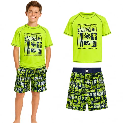 Image of Quad Seven Boys 2-Piece Rash Guard Swimsuit Set Short-Sleeve (Sizes 5-12) | Lightweight Quick-Dry Fabric with Sun Protection, Matching Top & Trunks, Adjustable Drawstring Waist for Pool or Beach Days