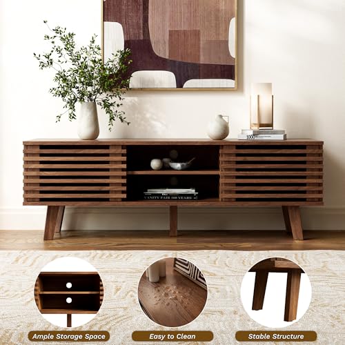 Image of Furniway Living Room Table Sets of 2, Mid Century Coffee Table and TV Stand, Wood Coffee Table with Storage, Modern TV Stand for Bedroom, Living Room, Walnut