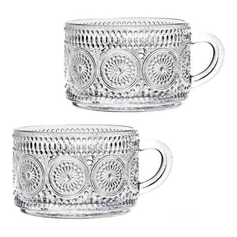 Amzcku Vintage Coffee Tea Cups, Glass Mugs 14 Oz Set of 2 Embossed Glassware with Handle, for Cappuccino, Latte, Cereal, Yogurt, Beverage Hot/Cold, Milk Cover