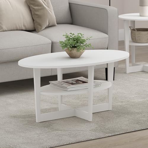 Furinno Jaya 2-Tier Round Coffee Table, Small White Coffee Table with Storage Shelf, Oval Center Table for Living Room, Bedroom, Home Office, Plain White