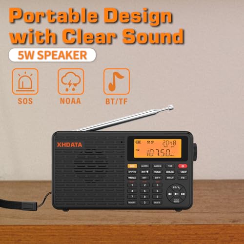 Image of XHDATA D109WB Portable AM /FM /SW /LW /WB Weather Radio Shortwave Radio Receiver with NOAA Alert, Battery Operated Great Sound Wireless BT Mp3 Speaker, SOS Alert Alarm Clock Sleep Function