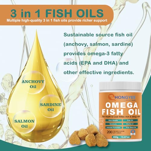 Fischöl für Haustiere (mit Threonin, Vitaminen A/C/E, Omega 3-DHA+EPA, Perilla & Leinsamenöl) - 200 Kapseln/Flasche. Lindert juckende Haut, fördert gesunde Haut und glänzendes Fell für Hunde