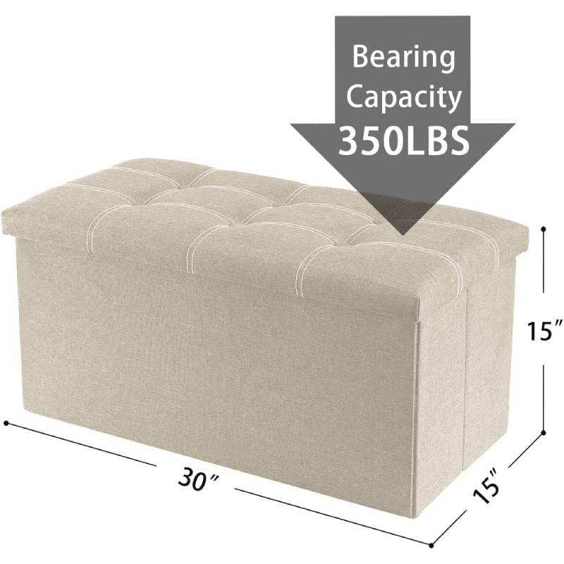 Image of Storage Bench Folding Ottoman Foot Rest Stool, 30 inch Grey Linen Footstool, Short Ottoman Bench, Foot Rest Store as Books, and Blanket Storage or Others