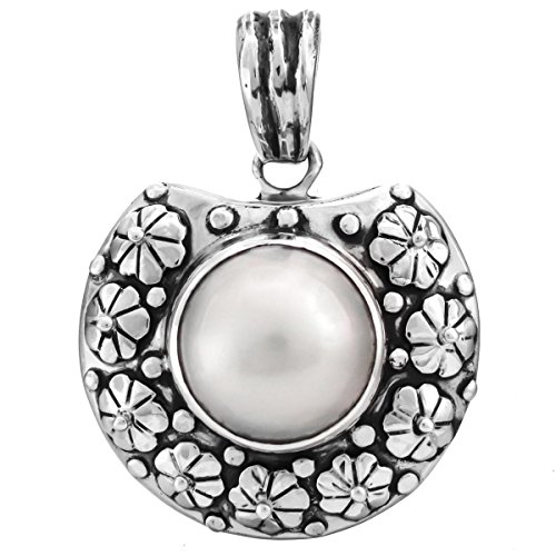 FifiRose Handmade Bali White Mabe Cultured Pearl 925 Sterling Silver Pendant, 1 9/16"