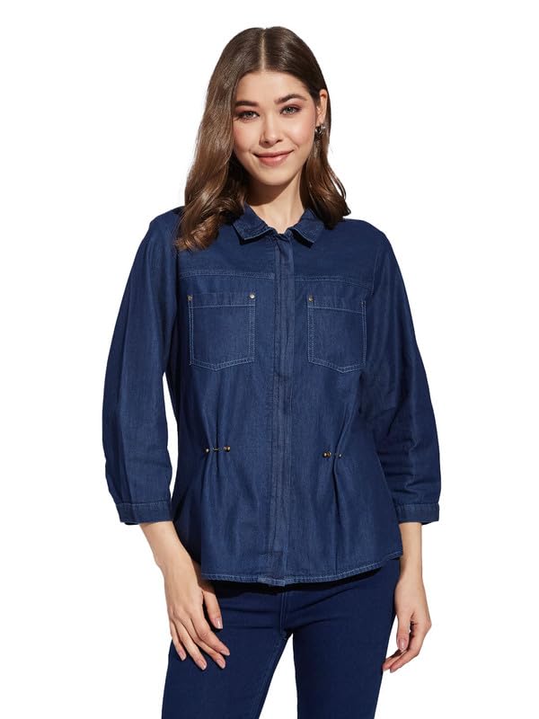 Latin Quarters Women Blue Collar Neck 3/4th Sleeve Solid Shirt Blouse-image-30