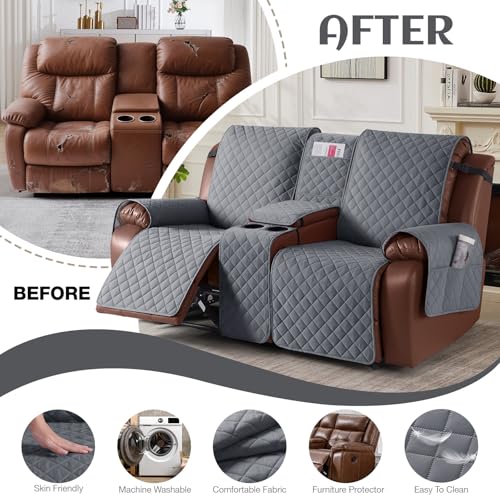 Image of KinCam 100% Waterproof Recliner Loveseat Cover with Console, Non-Slip Reclining Couch Covers for 2 Seat, Recliner Sofa Cover Furniture Protector with Elastic Straps for Kids, Pets, Dark Gray