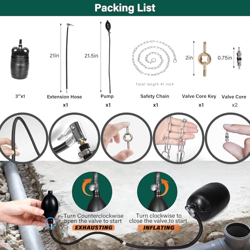 Image of 3 Inch Inflatable Pipe Plug Balloon Kit with Extension Hose,Safety Chain & Pump, Rubber Sewer Test Ball for Drain Blocking, Plumbing Pressure Testing /Leak Detection(Fits 2.8 inch-3.2 inch Pipes)