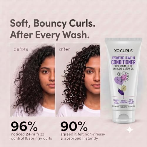 Image of XO Curls Hydrating Leave In Conditioner for Dry and Frizzy Hair. With Brahmi, Olive Squalene & Argan Oil For Frizz-Free, Soft Curly and Wavy Hair. Leave in Conditioner for Curly Hair Women - 100ml