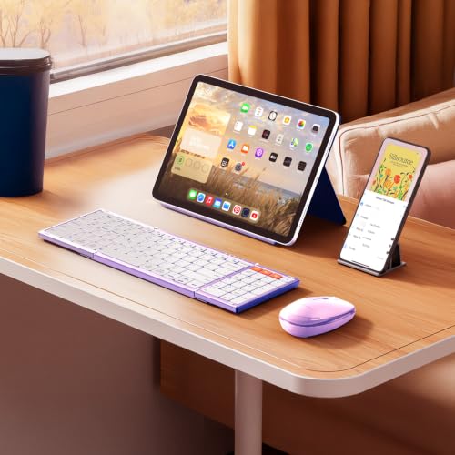Image of MEETION Foldable Bluetooth Keyboard and Mouse, Portable Combo Purple | Slim foldable keyboard and mouse set with a soft travel pouch, rechargeable and multi-device connection for work on the go