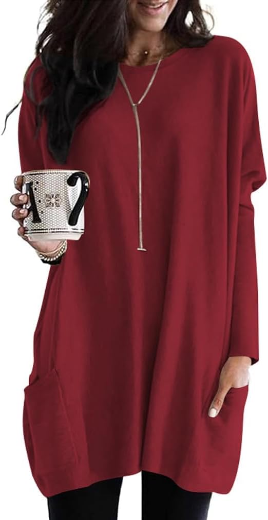 Poetsky Fall Womens Tunic or Tops to Wear with Leggings Long Sleeve Casual Long Shirts Blouses with Pockets