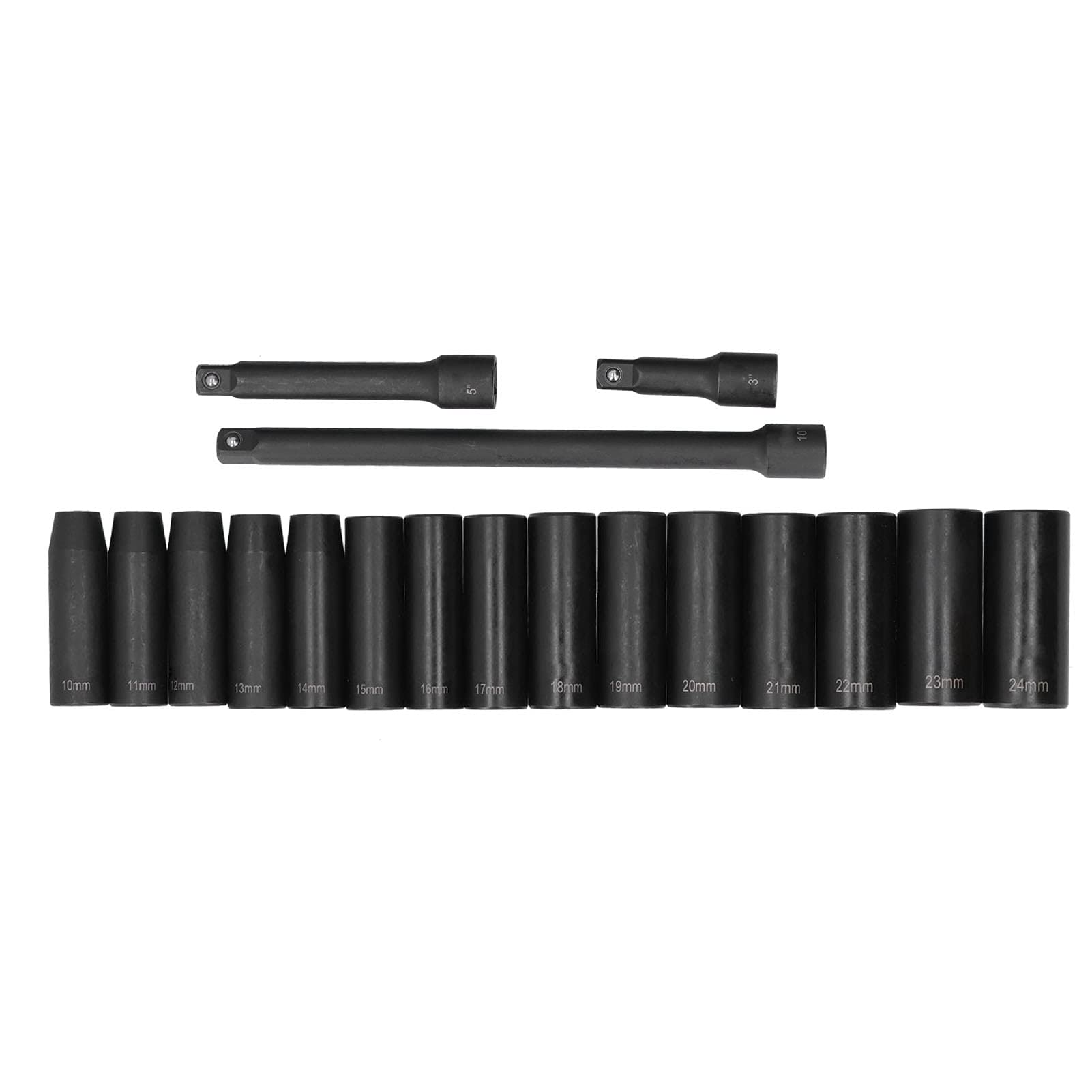Ejoyous Juego de Llaves de Vaso de Impacto Profundo de 1,2 Pulgadas Juego de Llaves de Vaso de Impacto de Acero CR V, 18 Piezas de 10 Mm a 24 Mm, Métrico de 6 Puntos con 3 Extensiones para Mecánica de