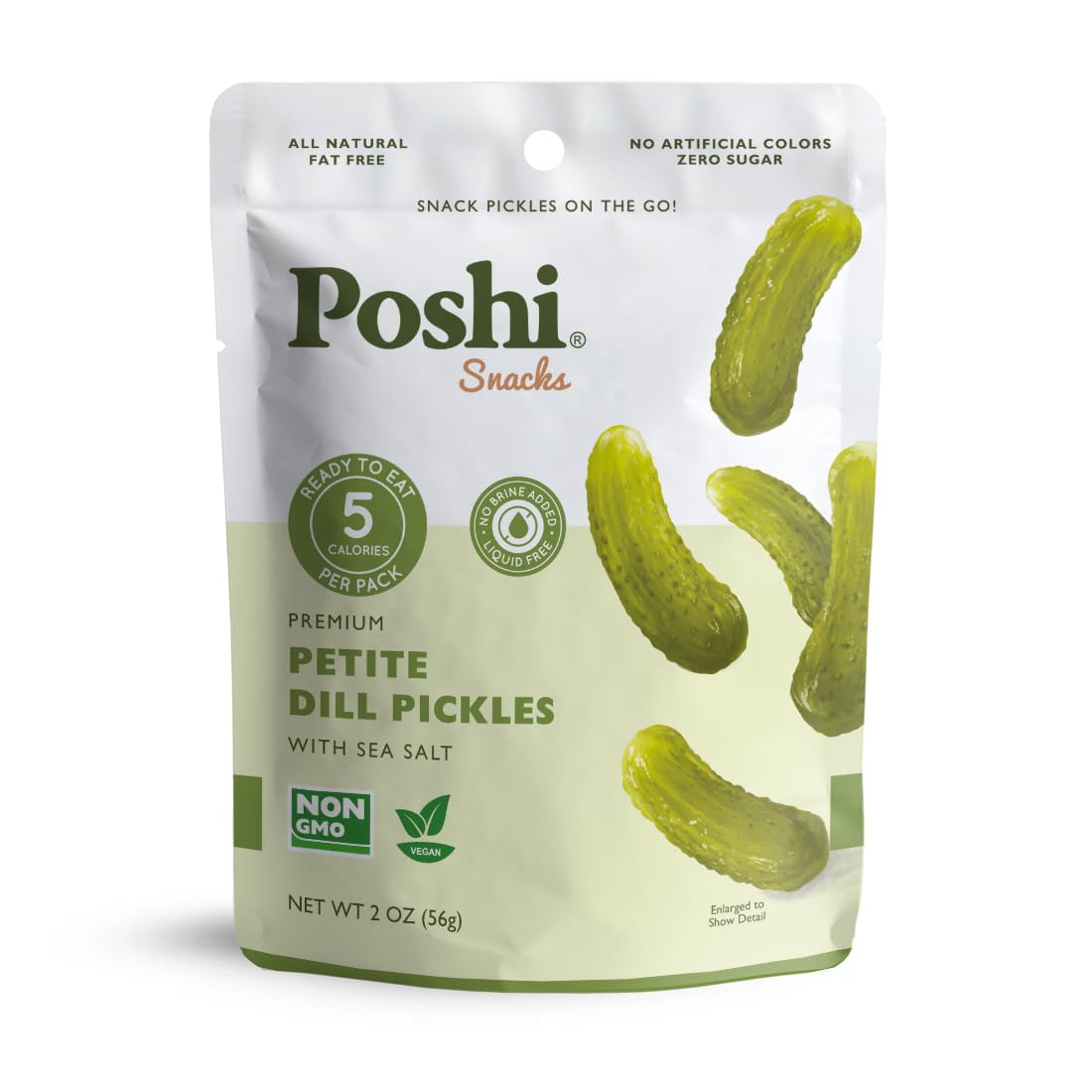 Poshi Petite Dill Pickles with Sea Salt - Ready-to-Eat Premium Mini Whole Pickles for Snacking, 5 Calories Per Pack, 10 Packs (2 oz Each)