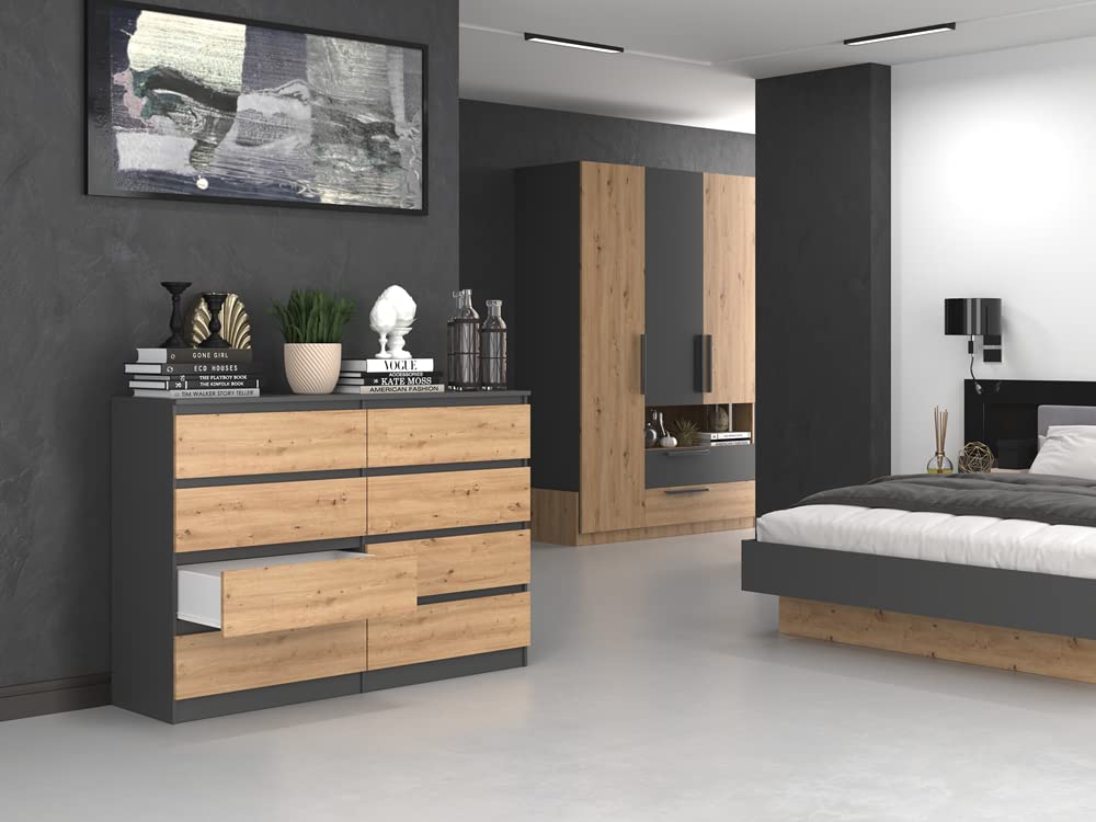 ADGO Malwa M8 140 Kommode mit 8 Schubladen 138x97x40cm, Klassischer Schrank mit Regalen für Schlafzimmer Wohnzimmer Kinderzimmer Tief Freistehend Platzsparend (Versand in 3 Packs) (Anthrazit/Artisan)