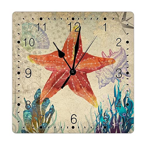 Vintage Sea Animals Starfish Wood Clocks Battery Operated Wall Clocks Coastal Farmhouse Wall Decor Wooden Decorative Wall Clock Navy Blue Ocean Coral Square Clock for Home Office School 15inch