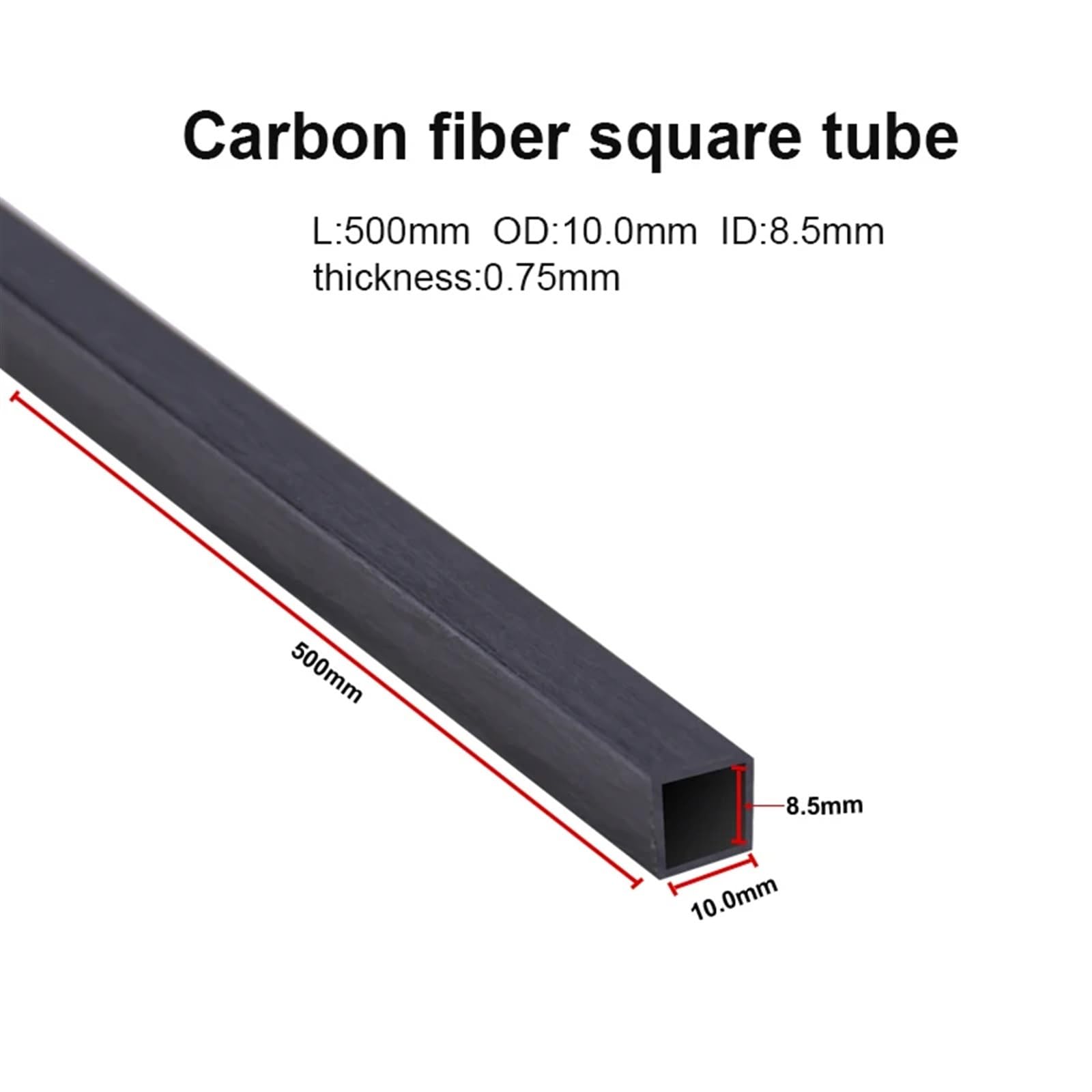 2pcs/Lot Carbon Fiber Square Tube Length 500mm Outer Diameter 3mm 4mm 5mm 6mm 10mm Carbon Square Tube 3K Carbon Fiber Square(10x10x8.5x500mm)