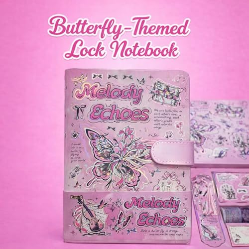 Image of PLUSPOINT Butterfly Aesthetic Scrapbook Kit for Girls - A5 Lock Diary Melody Echoes Theme with Stickers, Washi Tape, Memo Pads & Pen, Kawaii Journal Stationery Gift Set for DIY Scrapbooking
