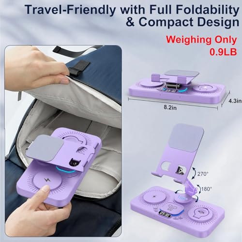 Image of 30W Charging Station for Apple Products, Foldable Wireless Charger with Clock Display&7 Color Light, Wired Charging for iPad /Tablet Charging Station for iPhone17, for Apple Watch11 for AirPods4(Purple