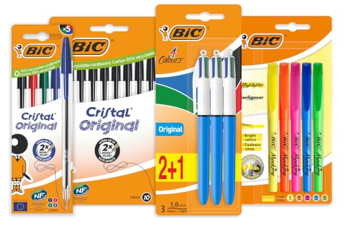 BIC Set Cancelleria, 10 Penne a Sfera Nere, 5 Evidenziatori, 4 Penne a sfera Colori Assortiti, 4 Colori a Scatto, Astuccio Scuola