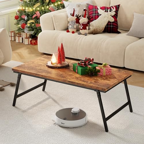 OCTORO Folding Coffee Table Magnetic Design Portable Small Center Side Table 80×40×40 CM Legs Can be Fixed No Installation Required Wooden Tea Table for Living Room Office Rustic Brown