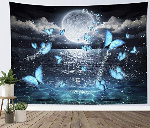831 Tapisserie Murale Ocean Butterfly Conte De Fées Paysage Fantastique Papillons Volant Sur La Mer Tenture Murale Coloré Esthétique Tenture 152x130 cm