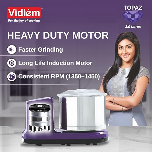 Image of Vidiem Topaz 150W Wet Grinder for Idli Dosa Batter | 2L Stainless Steel Drum, Extra Wide Stone Rollers, High Torque Motor | ISI Certified | ABS Body | 5-Yr Motor Warranty | Lavender