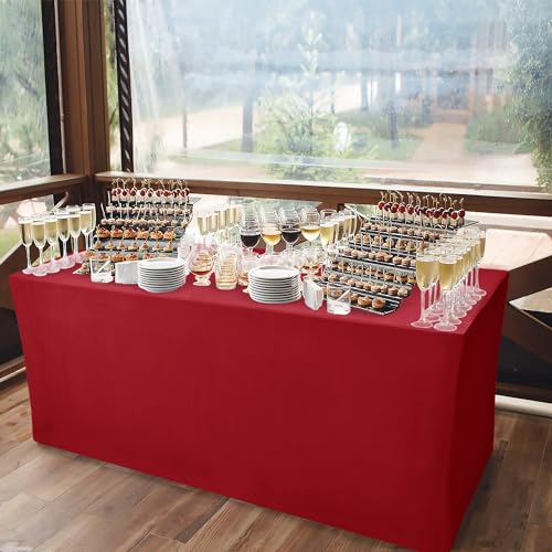 Image of Rectangle Spandex Fitted Tablecloths For Vendor Booths 4 Pcs 72X30 Inch Red | Wrinkle Resistant Fitted Tablecloths for 6 Foot Folding Table, Vendor Booths, Parties, Craft Show, Trade Show,30x72 Inch