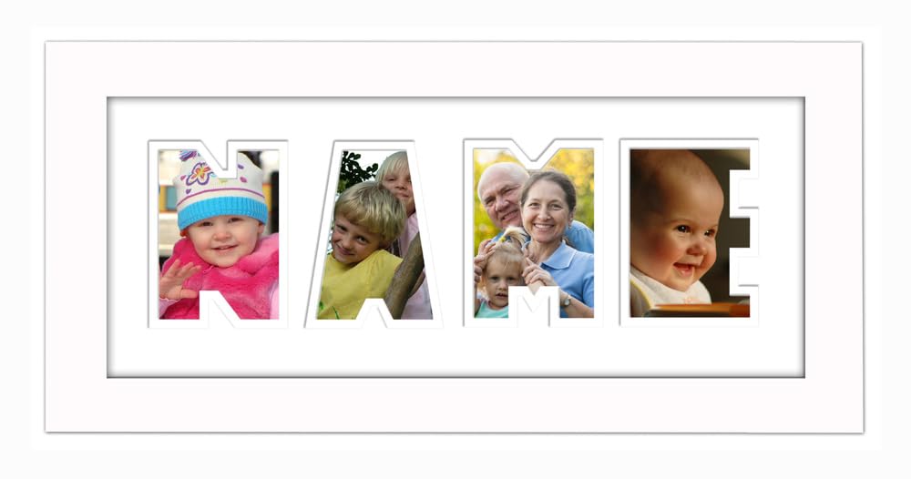 Photos In A Word White Finish Frame White Mount White Inside Personalised Any Name Word Photo Frame Birthday Picture Gift Present (White Finish White Mount White Inside, 4 Letters (Letters Only No Spaces))