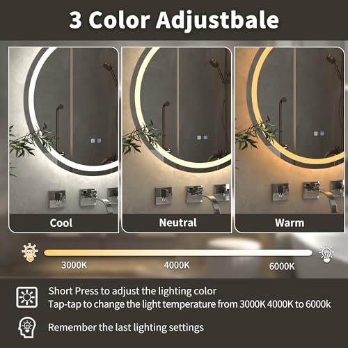 ExBrite 600 mm Round Bathroom Mirror with LED Light, Bathroom Light Mirror Wall Mounted Makeup Vanity Mirror with Anti-Fog, 3 Colors Dimmable, Memory Function, Horizontal/Vertical - Cosy Home Interiors ExBrite 600 mm Round Bathroom Mirror with LED Light, Bathroom Light Mirror Wall Mounted Makeup Vanity Mirror with Anti-Fog, 3 Colors Dimmable, Memory Function, Horizontal/Vertical - Image 4