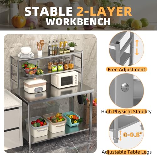 Image of Stainless Steel Prep Table 48 inchx24 inch with 2 Adjustable Shelves Heavy Duty Commercial Kitchen Work Table Countertop for Garage Home Restaurant Warehouse