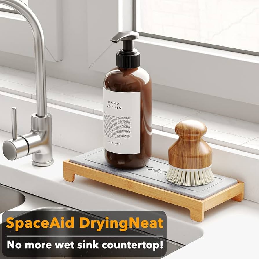 SpaceAid DryingNeat Sink Organizer, Instant Dry Sink Caddy Organizers, Kitchen Sponge Soap Holder Dispenser, Countertop Fast Drying Counter Tray Rack (Bamboo Rack, Black