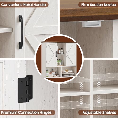 Image of Vabches Bathroom Wall Cabinet, Farmhouse Medicine Cabinet with Double Barn Door and Adjustable Shelves, Wooden Vintage Storage Cabinet Wall Mounted for Bathroom, Kitchen Dining, Rustic White