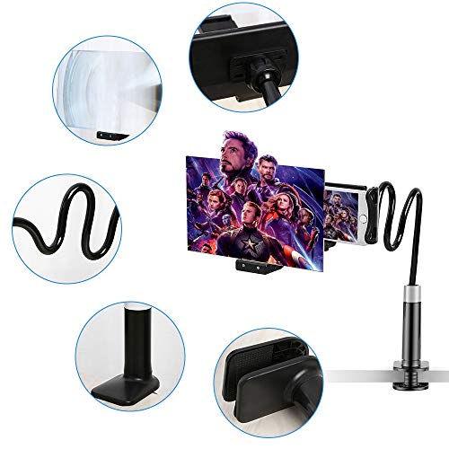 Newseego Lazy Phone Holder with 8'' Phone Screen Magnifier, Universal Gooseneck Phone Stand Holder Long Arm Mount & Phone Screen Amplifier with Magnifying Glass for All Smartphones-Black - Thumbnail 2