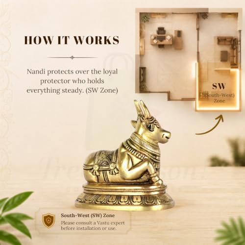Image of Vastu Brass Nandi Cow Statue | 700g Weight Approx | Vastu Remedy for Home & Office | Nandi Bull Statue | Size- 9 X 11 Cm | Nandi Idol for Pooja | Pital Ka Nandi Ji