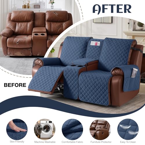Image of KinCam 100% Waterproof Recliner Loveseat Cover with Console, Non-Slip Reclining Couch Covers for 2 Seat, Recliner Sofa Cover Furniture Protector with Elastic Straps for Kids, Pets, Blue