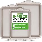NutriChef 3-Piece Baking Sheet Set – Premium Nonstick Cookie Sheets with Silicone Handles, Oven Safe & Warp-Resistant, Small, Medium & Large Sizes for Versatile Baking