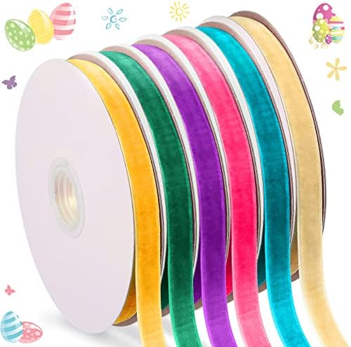 6 Rolls 60 Yards Easter Velvet Ribbon Single Face Spool Satin Velvet Ribbon for Easter Wedding Wrapping Craft Gift Bow DIY Wreath Favors (3/8 Inch), 6 Colors