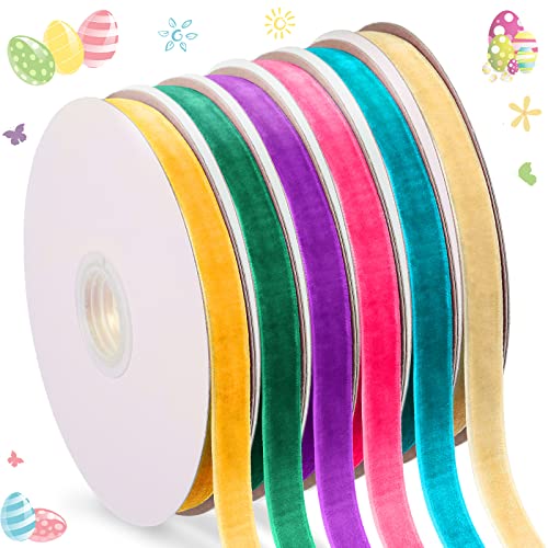 6 Rolls 60 Yards Easter Velvet Ribbon Single Face Spool Satin Velvet Ribbon For Easter Wedding Wrapping Craft Gift Bow Diy Wreath Favors (3/8 Inch), 6 Colors #TOP24