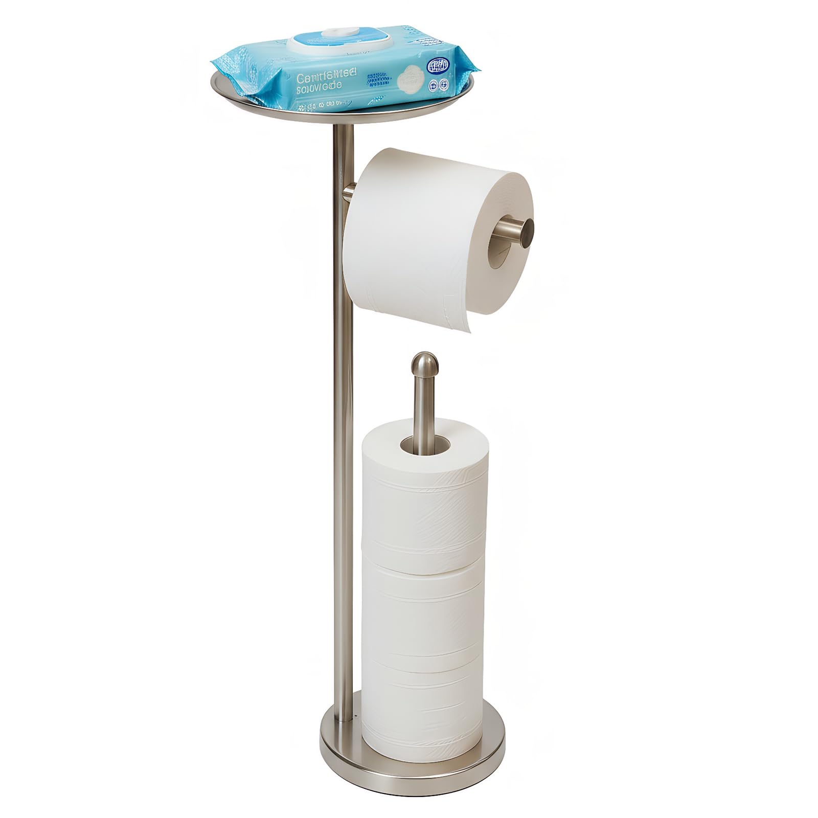 Freestanding Toilet Paper Holder with Shelf, Toilet Paper Stand with Storage for Holding Extra 4 Toilet Paper Rolls (Brushed Nickel)