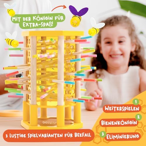 Nene Toys BEEFALL Large, 4-in-1 Educational Game with Bees, Montessori Toy from 3 Years with Colourful Sticks, Dice & Cards - Wooden Game for Boys & Girls 3-9 Years - Educational Family Game