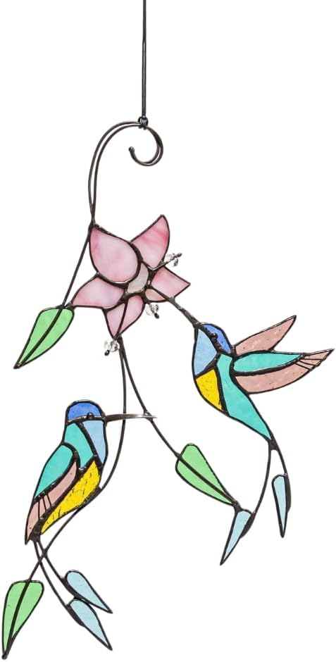 Hummingbird Glass Art Suncatcher Wall Hanging Home Patio Decor, Stained Glass Window Panel, Housewarming Gift, Living Room Kitchen Ornament