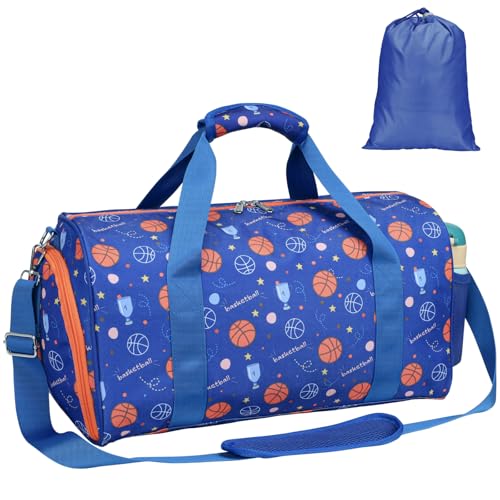 Image of Bagseri Boys Duffle Bag for Travel - Kids Gym & Sports Bag with Shoe Compartment & Water Resistant Wet Pocket, Weekender for Camping & Sleepover (Blue Basketball)