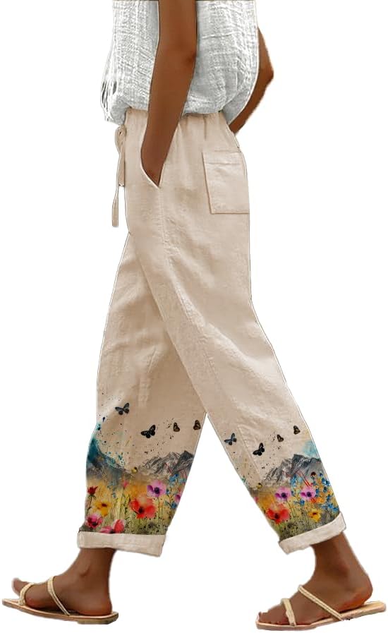 Linen Boho Pants for Women Butterfly Print Loose Casual Pants with Pockets Comfy El...