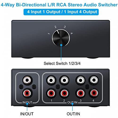 XMSJSIY 4-Way Bi-Directional L/R RCA Stereo Audio Switcher, 1 in 4 Out or 4 in 1 Out - Image 2