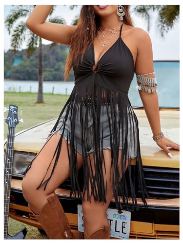 SHENHE Women's Plus Size Fringe Tops Sexy Halter Neck Backless Boho Tassel Cropped Going Out Top4