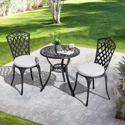Image of NUU GARDEN 3-Piece Patio Bistro Set Outdoor Cast Aluminum Bistro Table and Chairs Set of 2, Outdoor Patio Bistro Set with Umbrella Hole and Gray Cushions for Patio and Balcony, Black