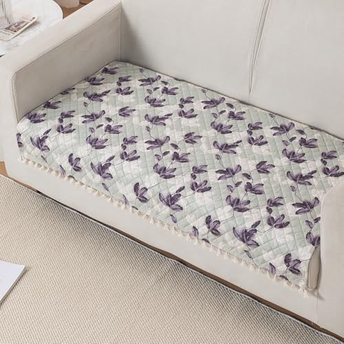 Image of HOKIPO Lavender Vine 2 Seater Quilted Sofa Cover Mat with Tassels 'Tassel Twigs' Series (IN-983-T1)